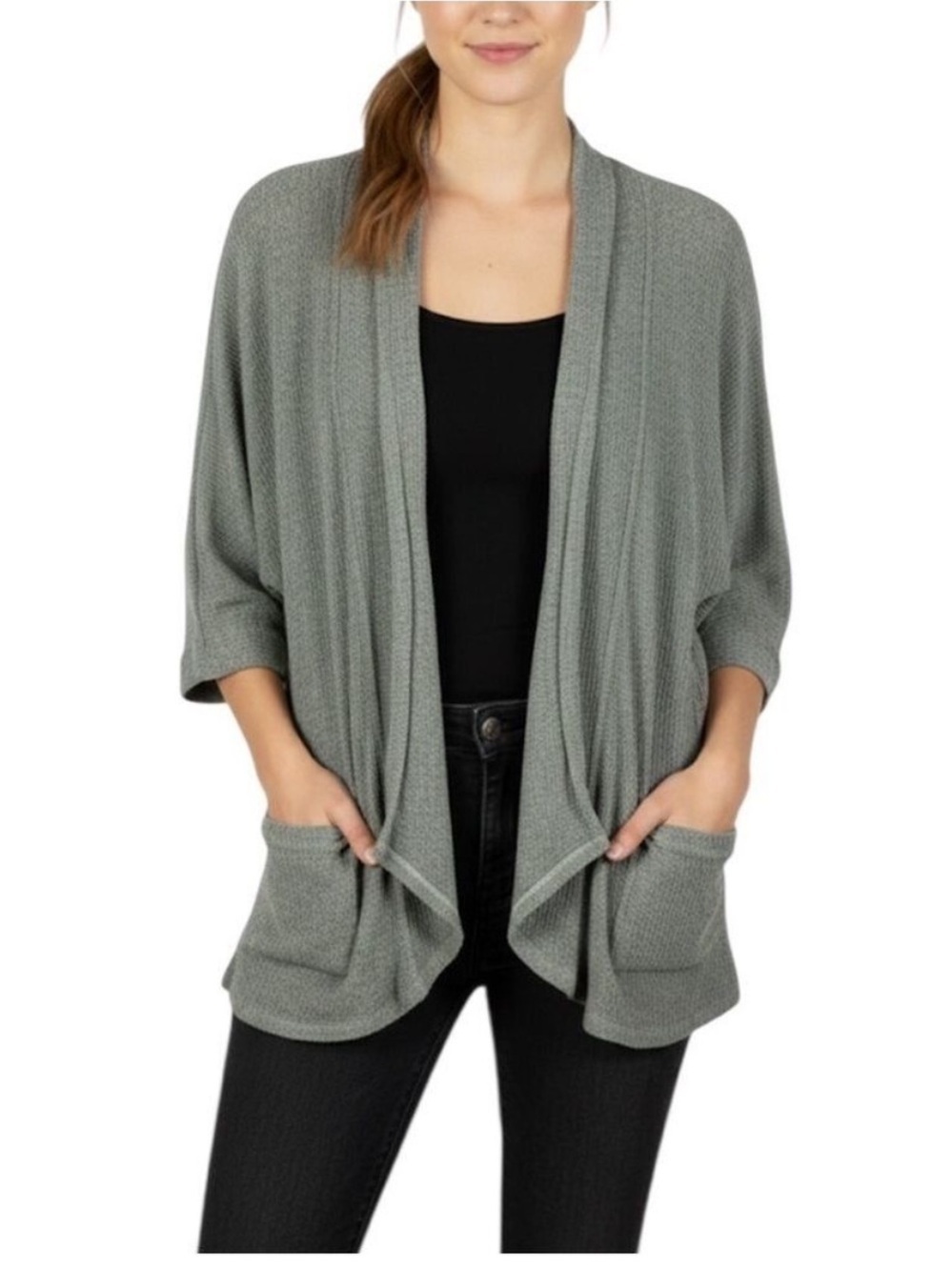 Dana Buchman Classic 3/4 Sleeves Open Front Ribbed Knit Cardigan Large Grey